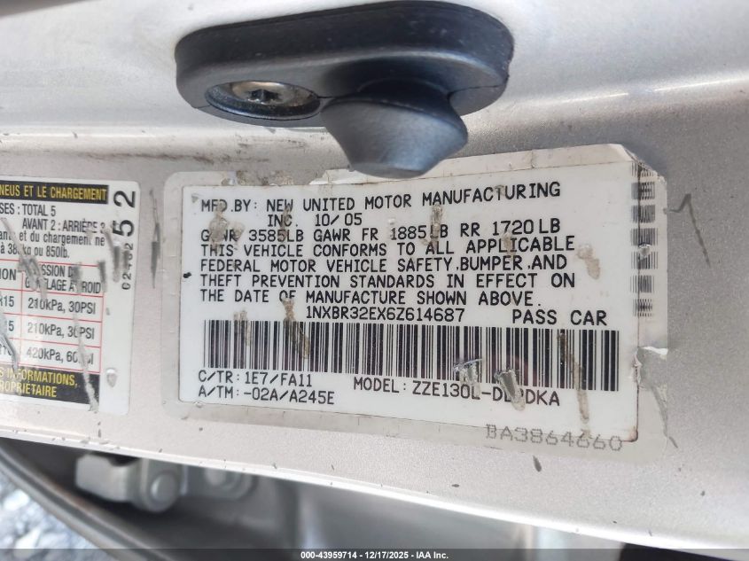 2006 Toyota Corolla Ce VIN: 1NXBR32EX6Z614687 Lot: 43959714