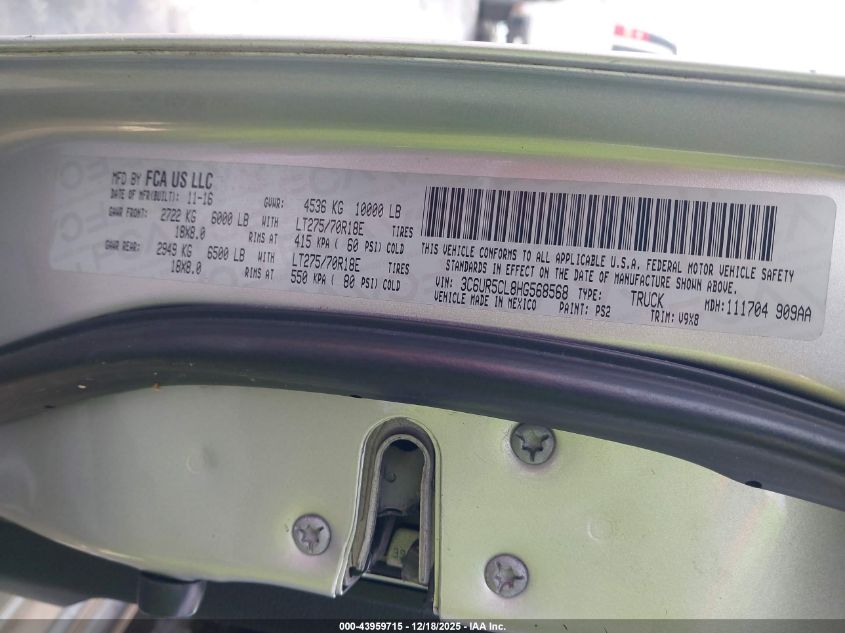 2017 Ram 2500 Tradesman 4X4 6'4 Box VIN: 3C6UR5CL8HG568568 Lot: 43959715