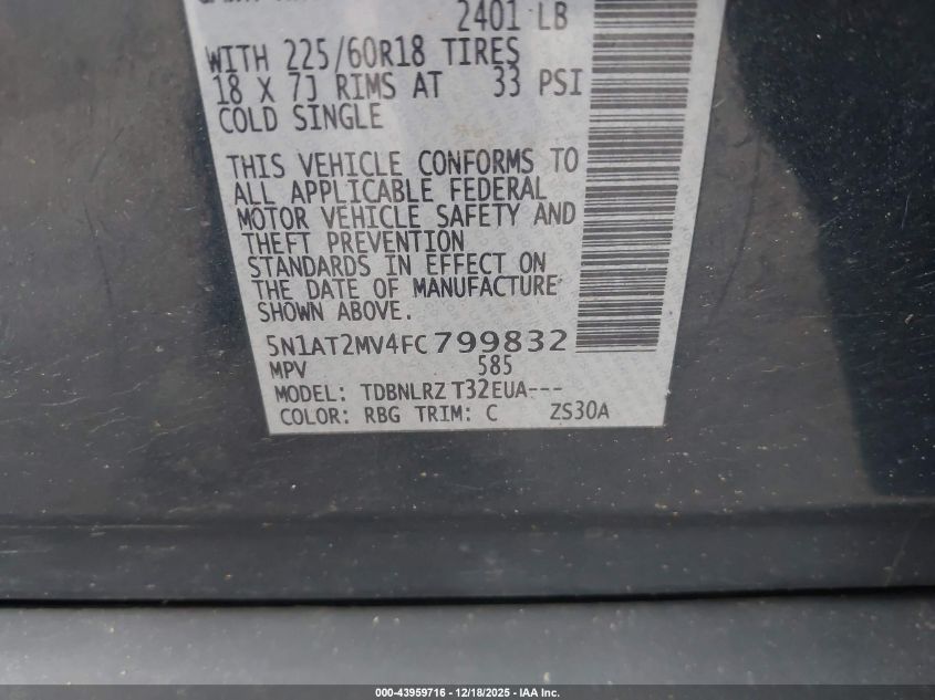 2015 Nissan Rogue Sl VIN: 5N1AT2MV4FC799832 Lot: 43959716