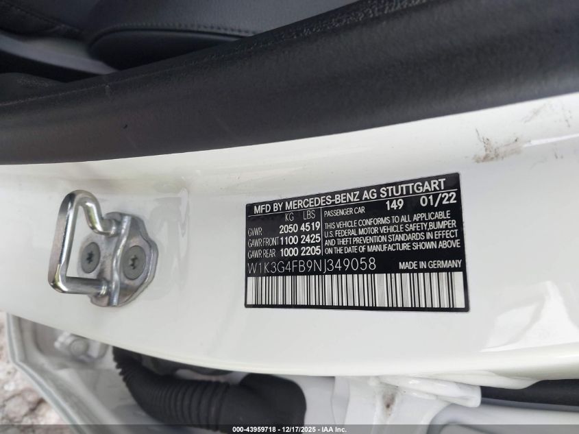 2022 Mercedes-Benz A 220 4Matic VIN: W1K3G4FB9NJ349058 Lot: 43959718