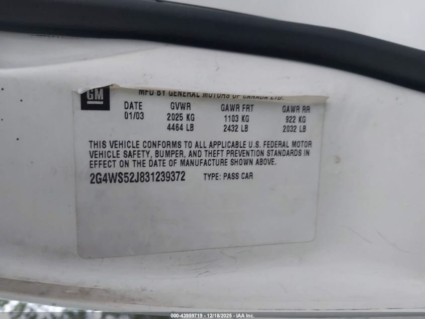2003 Buick Century Custom VIN: 2G4WS52J831239372 Lot: 43959719