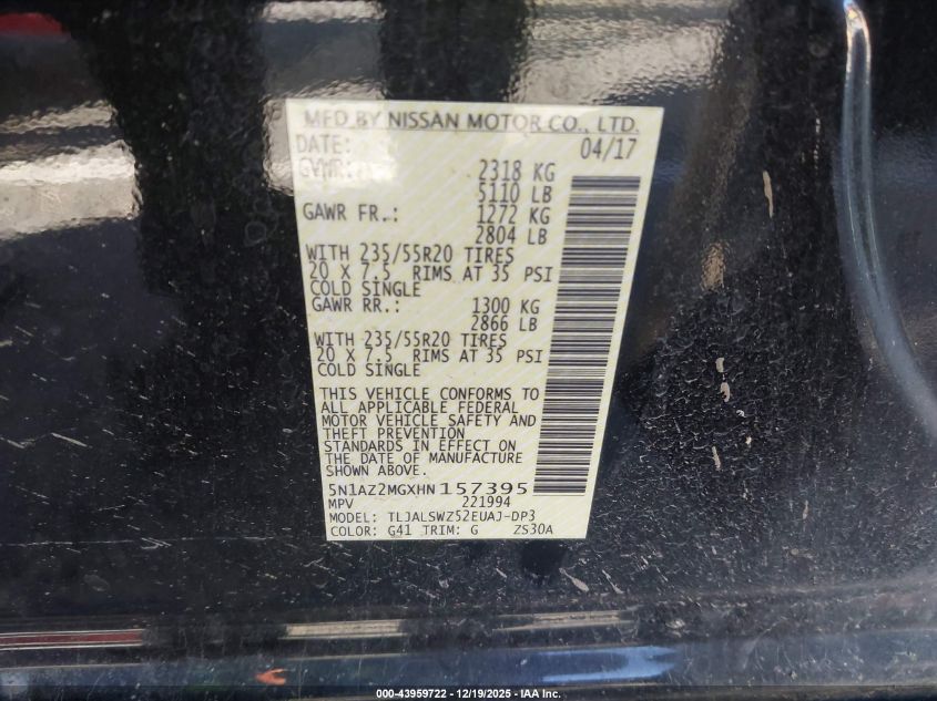 2017 Nissan Murano Platinum VIN: 5N1AZ2MGXHN157395 Lot: 43959722