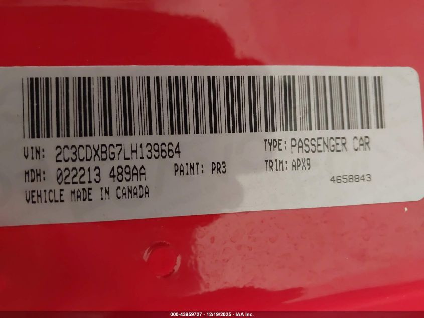 2020 Dodge Charger Sxt Rwd VIN: 2C3CDXBG7LH139664 Lot: 43959727