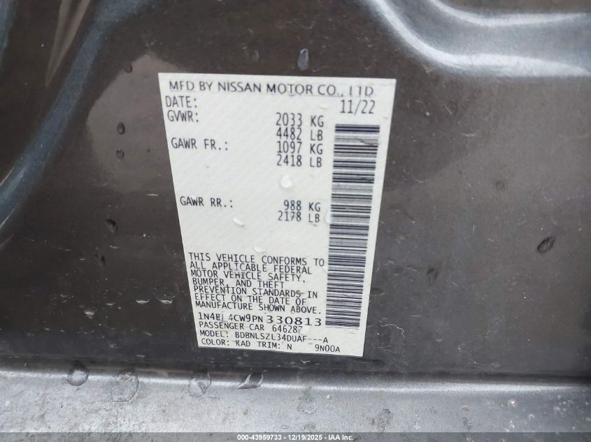 2023 Nissan Altima Sr Intelligent Awd VIN: 1N4BL4CW9PN330813 Lot: 43959733