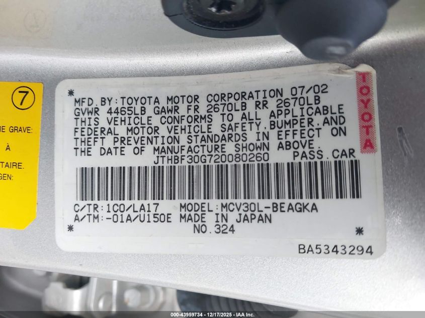 2002 Lexus Es 300 VIN: JTHBF30G720080260 Lot: 43959734