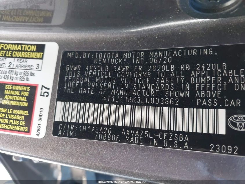 2020 Toyota Camry Se Awd VIN: 4T1J11BK3LU003862 Lot: 43959735