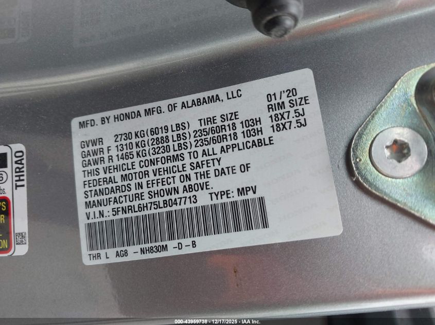 2020 Honda Odyssey Ex-L/Ex-L W/Navi Res VIN: 5FNRL6H75LB047713 Lot: 43959738