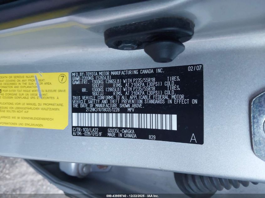 2008 Lexus Rx 350 VIN: 2T2HK31U18C051228 Lot: 43959740