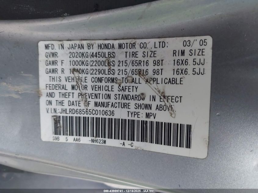 2005 Honda Cr-V Lx VIN: JHLRD68565C010636 Lot: 43959741