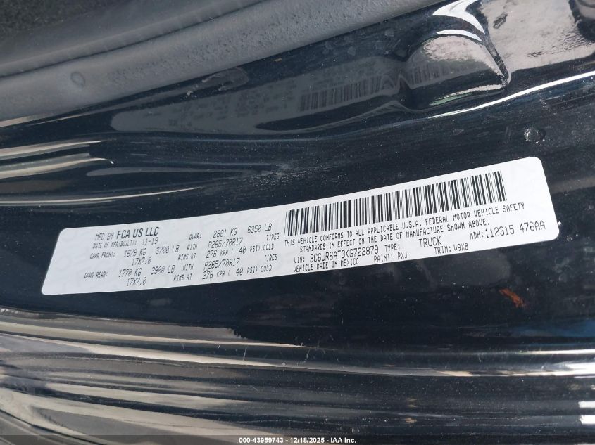 2019 Ram 1500 Classic Tradesman 4X2 6'4 Box VIN: 3C6JR6AT3KG722879 Lot: 43959743