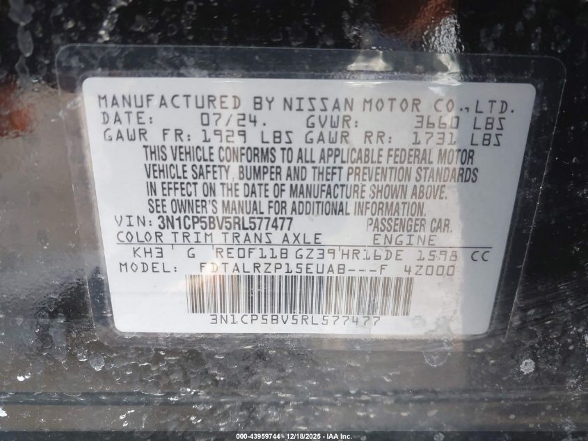 2024 Nissan Kicks S Xtronic Cvt VIN: 3N1CP5BV5RL577477 Lot: 43959744