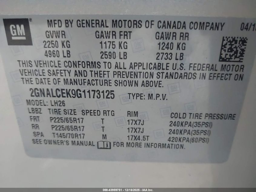 2016 Chevrolet Equinox Lt VIN: 2GNALCEK9G1173125 Lot: 43959751