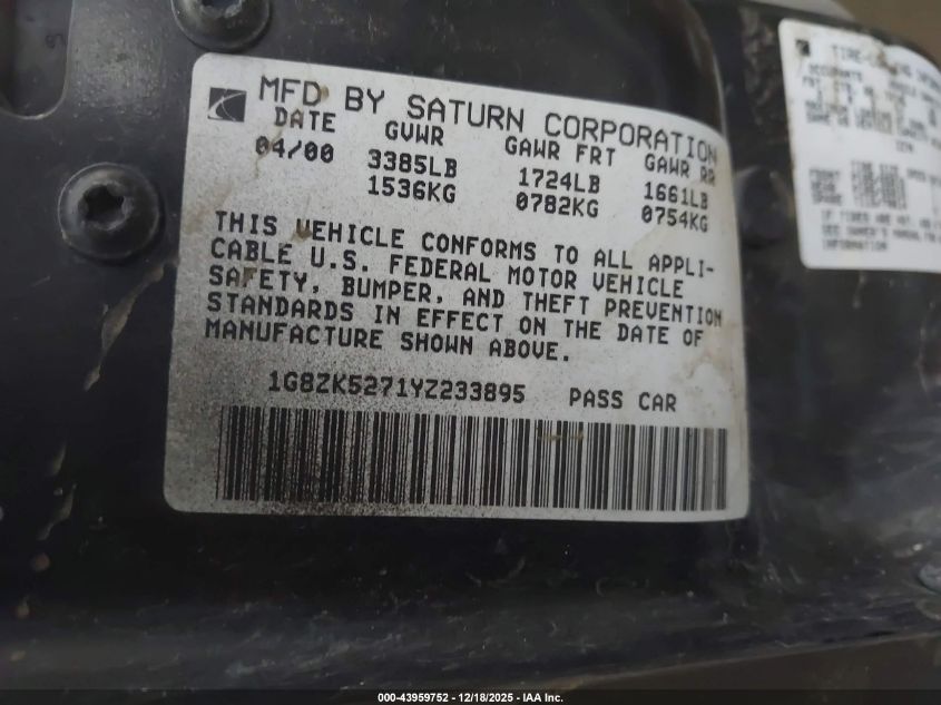 2000 Saturn Sl2 VIN: 1G8ZK5271YZ233895 Lot: 43959752