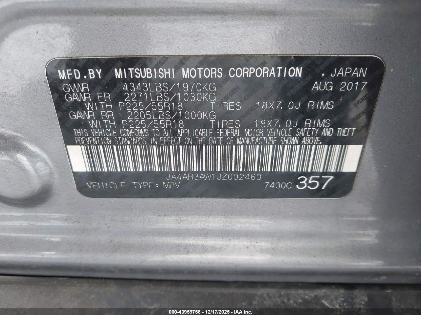2018 Mitsubishi Outlander Sport 2.4 Se VIN: JA4AR3AW1JZ002460 Lot: 43959758