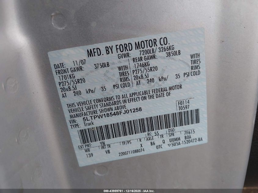 2008 Lincoln Mark Lt VIN: 5LTPW18548FJ01258 Lot: 43959761