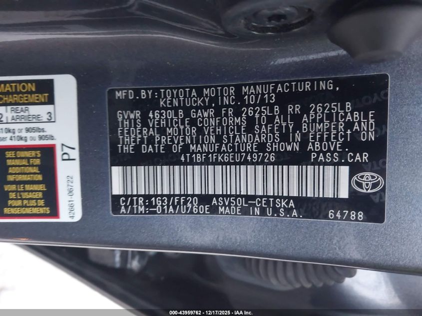 2014 Toyota Camry Se VIN: 4T1BF1FK6EU749726 Lot: 43959762