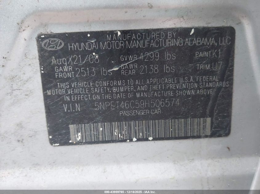 2009 Hyundai Sonata Gls VIN: 5NPET46C59H506574 Lot: 43959765