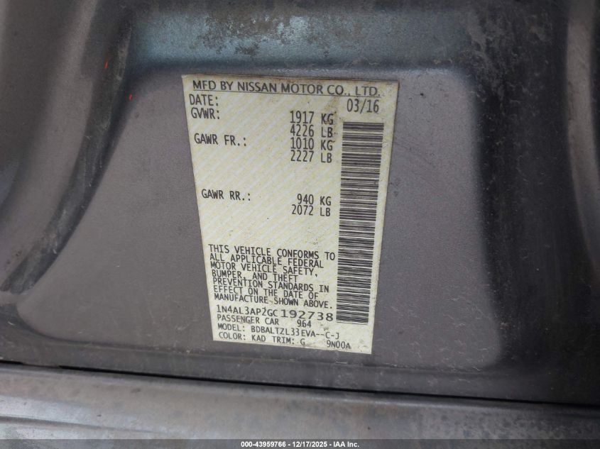 2016 Nissan Altima 2.5 Sl VIN: 1N4AL3AP2GC192738 Lot: 43959766