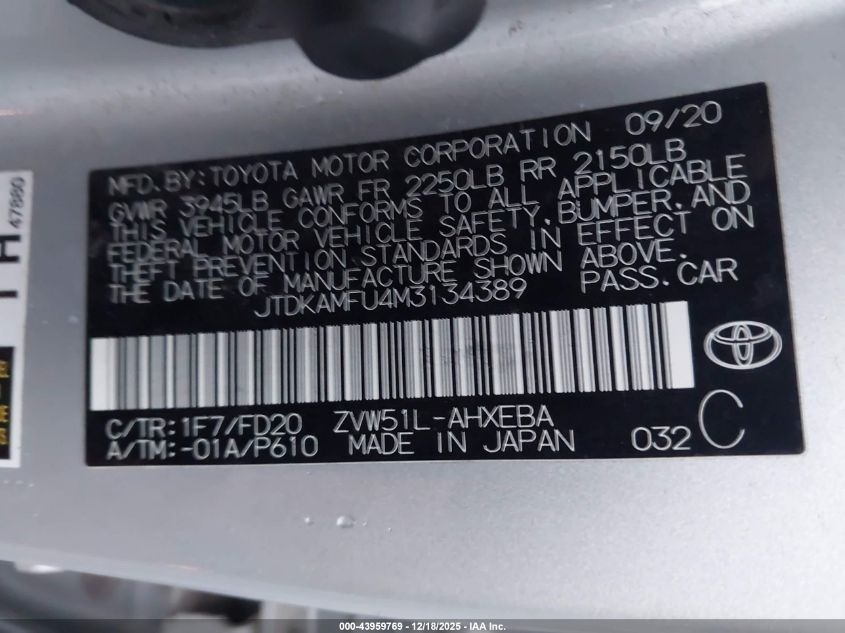 2021 Toyota Prius Le VIN: JTDKAMFU4M3134389 Lot: 43959769