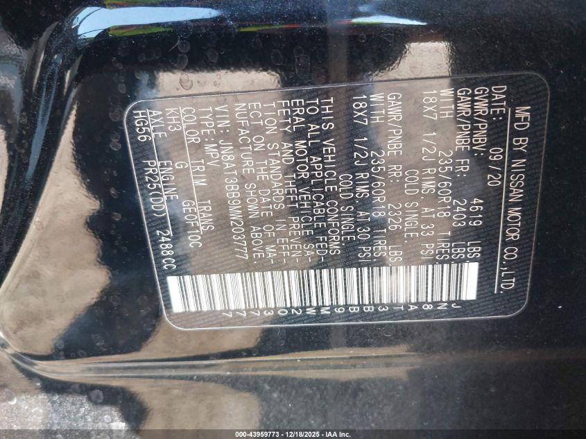 2021 Nissan Rogue Sv Intelligent Awd VIN: JN8AT3BB9MW203777 Lot: 43959773