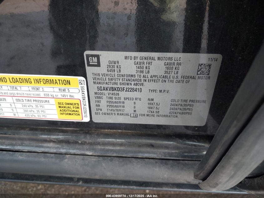 2015 Buick Enclave Leather VIN: 5GAKVBKD3FJ228410 Lot: 43959774