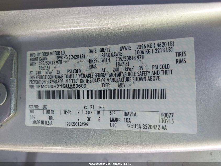 2013 Ford Escape Sel VIN: 1FMCU0HX1DUA83600 Lot: 43959785