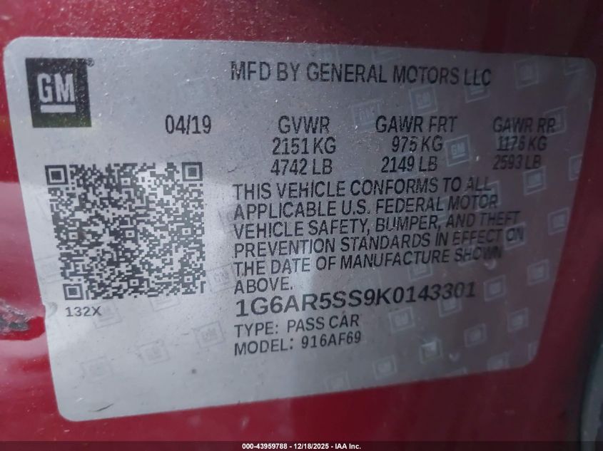 2019 Cadillac Cts Luxury VIN: 1G6AR5SS9K0143301 Lot: 43959788