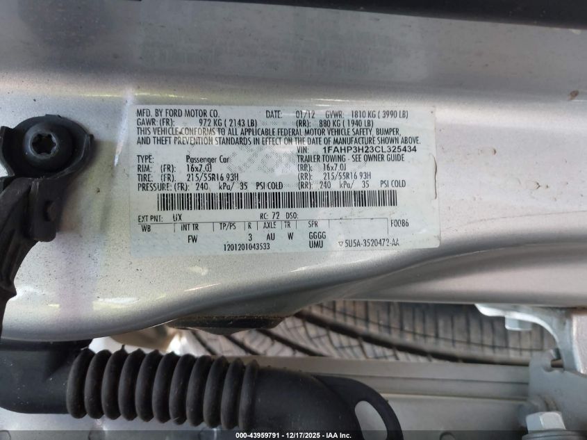 2012 Ford Focus Sel VIN: 1FAHP3H23CL325434 Lot: 43959791