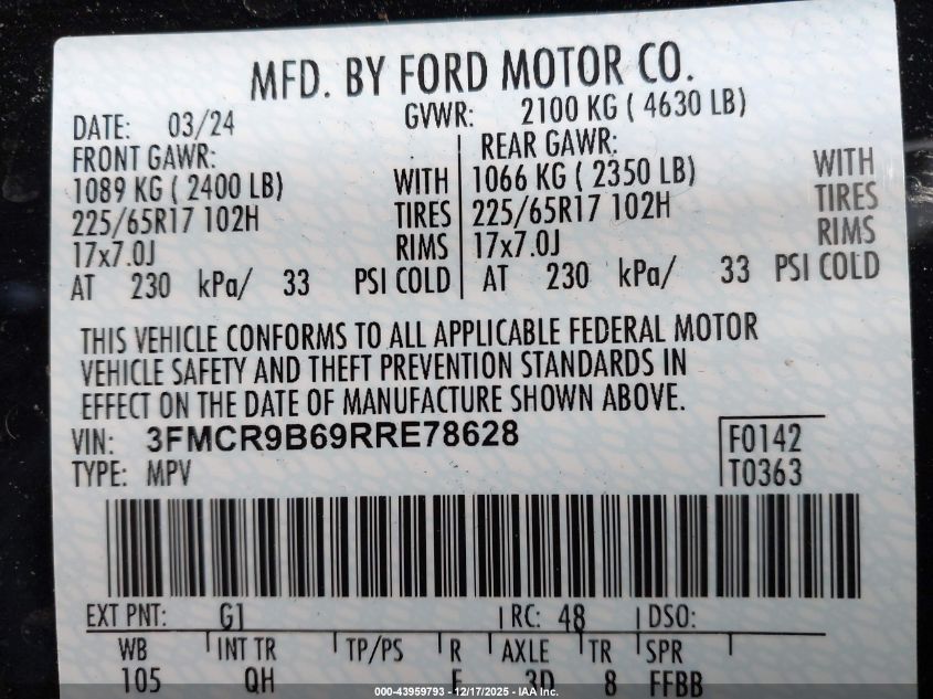 2024 Ford Bronco Sport Big Bend VIN: 3FMCR9B69RRE78628 Lot: 43959793