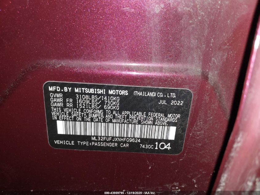2022 Mitsubishi Mirage G4 Black Edition/Es/Le VIN: ML32FUFJXNHF09624 Lot: 43959795