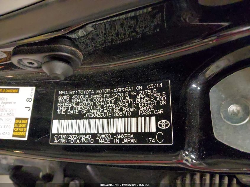 2014 Toyota Prius Three VIN: JTDKN3DU1E1808710 Lot: 43959796