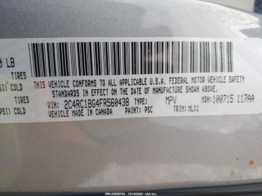 2015 Chrysler Town & Country Touring VIN: 2C4RC1BG4FR560438 Lot: 43959798