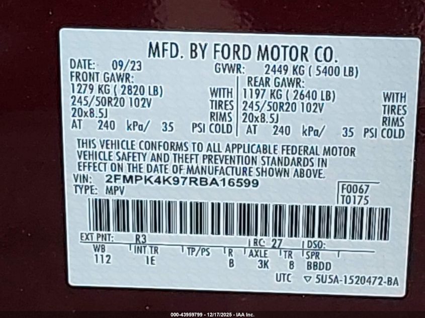 2024 Ford Edge Titanium VIN: 2FMPK4K97RBA16599 Lot: 43959799