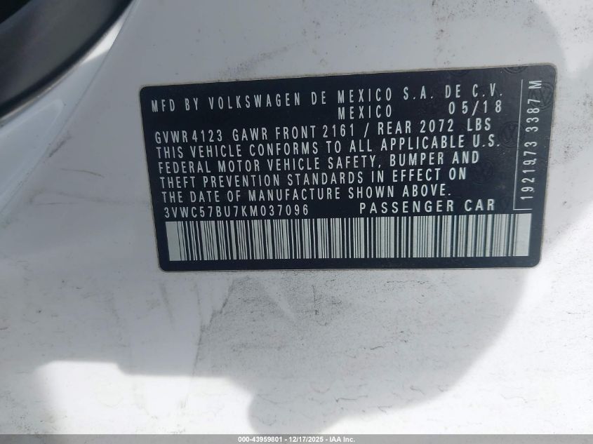 2019 Volkswagen Jetta 1.4T R-Line/1.4T S/1.4T Se VIN: 3VWC57BU7KM037096 Lot: 43959801