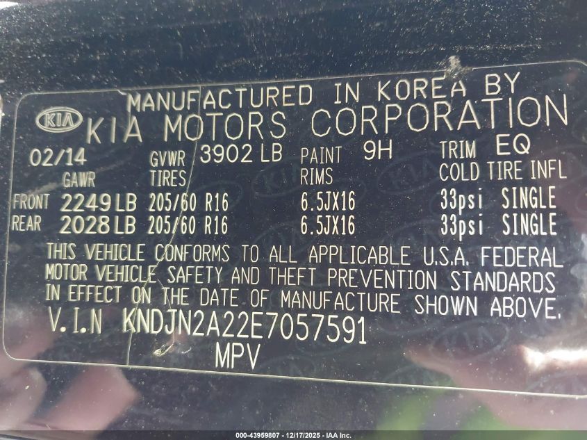 2014 Kia Soul VIN: KNDJN2A22E7057591 Lot: 43959807