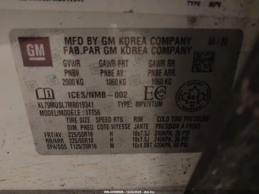 2021 Chevrolet Trailblazer Rs VIN: KL79MUSL7MB019341 Lot: 43959808