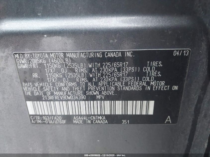 2013 Toyota Rav4 Xle VIN: 2T3RFREV9DW034390 Lot: 43959809