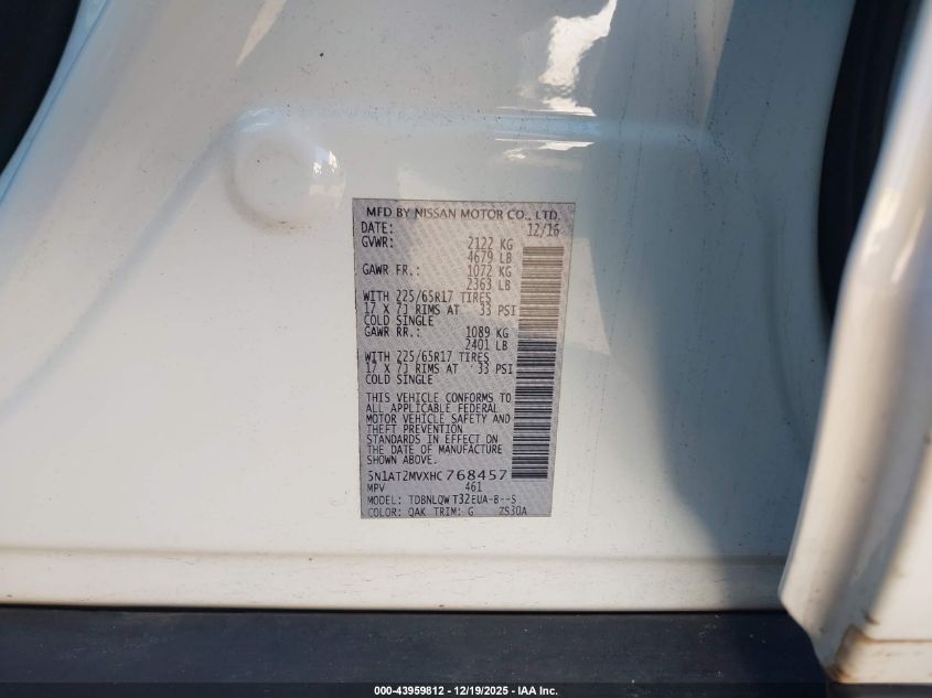 2017 Nissan Rogue Sv VIN: 5N1AT2MVXHC768457 Lot: 43959812