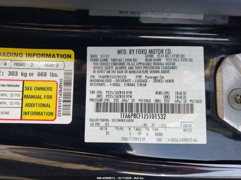 2018 Ford Mustang Gt VIN: 1FA6P8CF1J5101532 Lot: 43959813