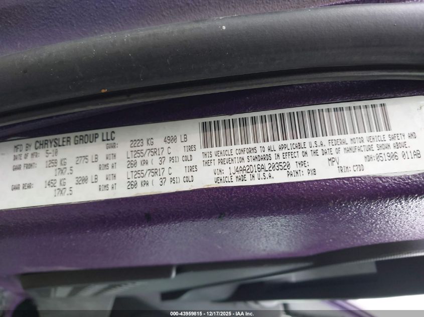 2010 Jeep Wrangler Sport VIN: 1J4AA2D16AL203520 Lot: 43959815