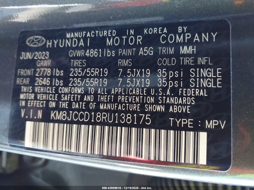 2024 Hyundai Tucson Hybrid Sel Convenience VIN: KM8JCCD18RU138175 Lot: 43959816