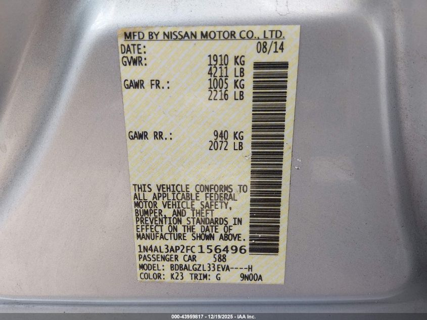 2015 Nissan Altima 2.5 S VIN: 1N4AL3AP2FC156496 Lot: 43959817