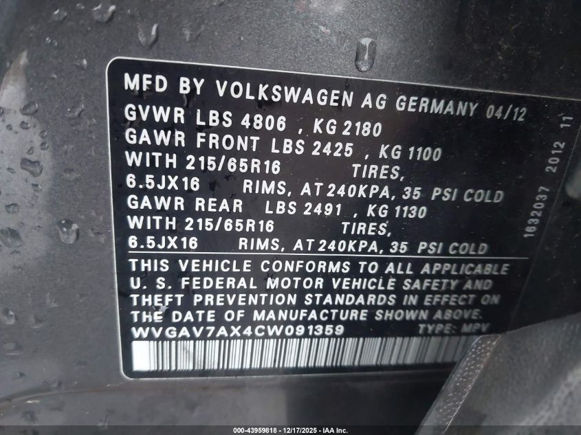 2012 Volkswagen Tiguan S VIN: WVGAV7AX4CW091359 Lot: 43959818