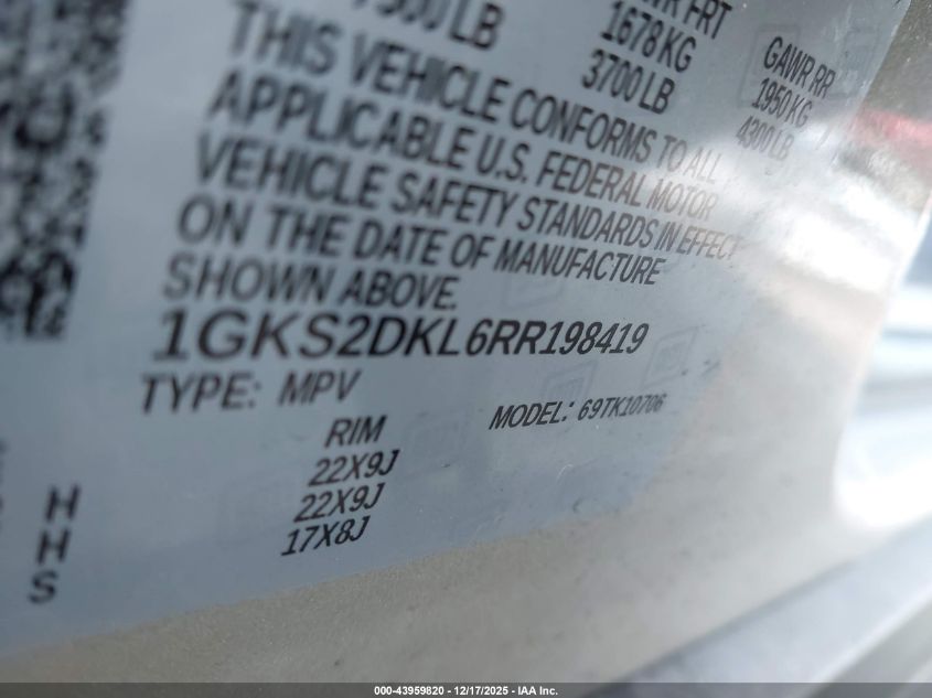 2024 GMC Yukon 4Wd Denali VIN: 1GKS2DKL6RR198419 Lot: 43959820
