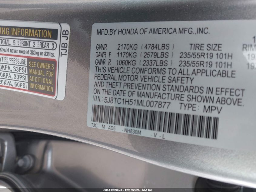 2021 Acura Rdx Technology Package VIN: 5J8TC1H51ML007877 Lot: 43959823