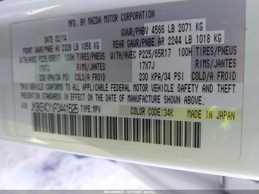 2015 Mazda Cx-5 Touring VIN: JM3KE4CYXF0441525 Lot: 43959825