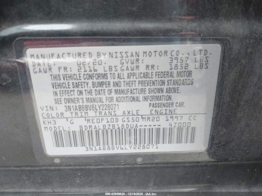 2020 Nissan Sentra S Xtronic Cvt VIN: 3N1AB8BV6LY228071 Lot: 43959828