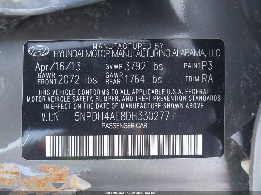 2013 Hyundai Elantra Limited VIN: 5NPDH4AE8DH330277 Lot: 43959831