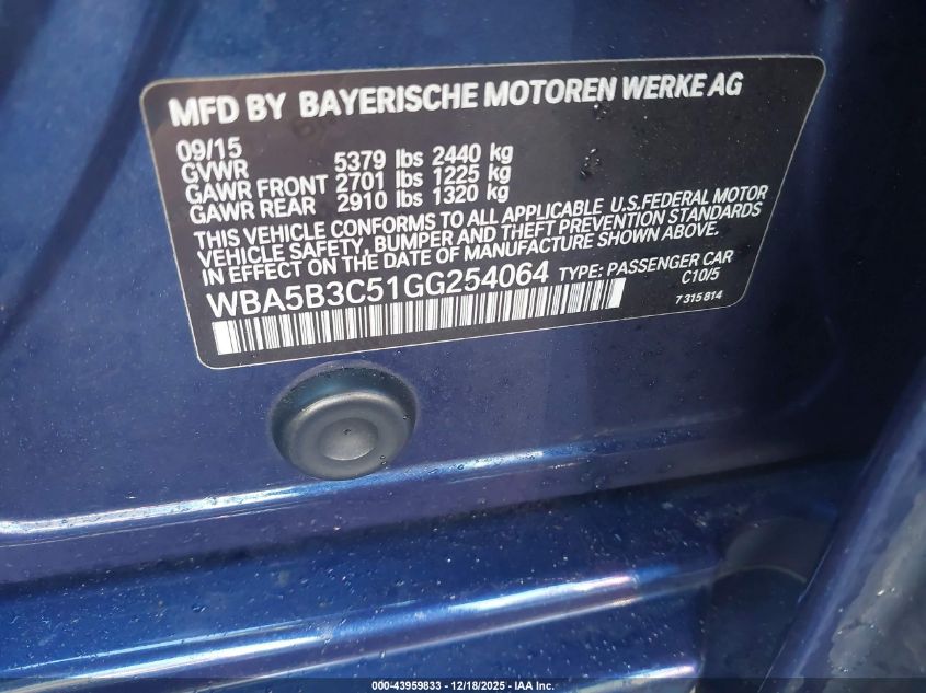 2016 BMW 535I xDrive VIN: WBA5B3C51GG254064 Lot: 43959833