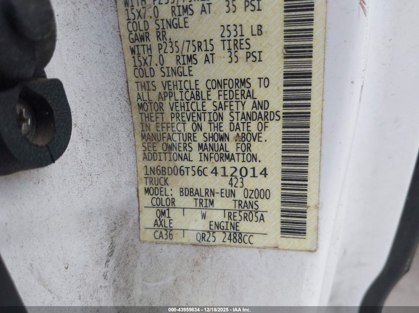 2006 Nissan Frontier Xe VIN: 1N6BD06T56C412014 Lot: 43959834